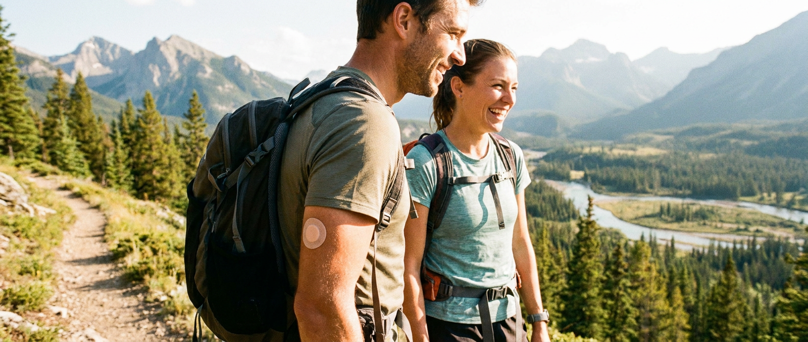 Personas usando parches Otto Care para sensores de glucosa en actividades al aire libre trekking